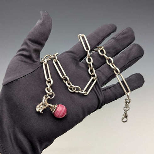 Circa 1900 British antique sterling silver Albert chain, 46g, sterling silver eagle & natural stone fob
