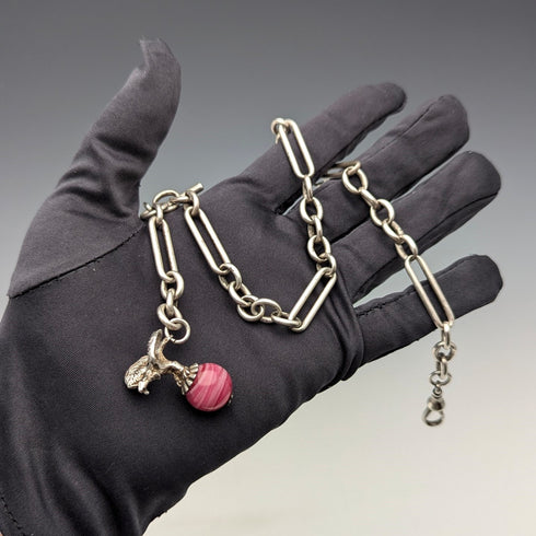 1900年頃 英国アンティーク 純銀製アルバートチェーン 46g 純銀イーグル&天然石フォブ