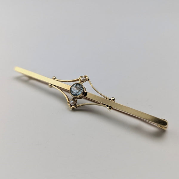 アンティーク 15ctゴールド製ブローチ ブルーストーン&パール ケース入