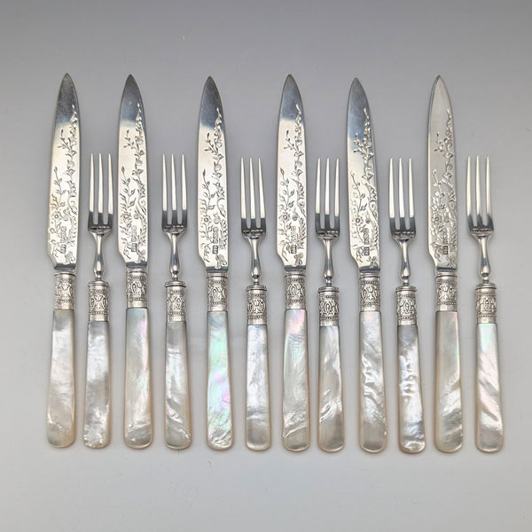 1900 年英國古董純銀刀片白色珍珠柄甜點餐具 6 副套裝阿特金兄弟