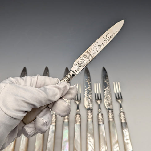 1900年 英国アンティーク 純銀ブレード 白蝶貝ハンドル デザートカトラリー6ペアセット Atkin Brothers