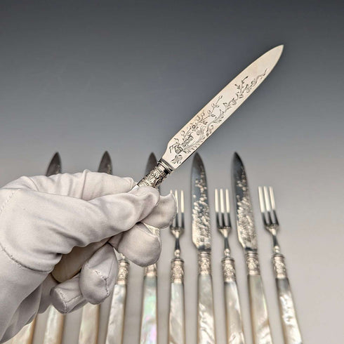 1900 British antique pure silver blades, mother of pearl handles, dessert cutlery set of 6, Atkin Brothers