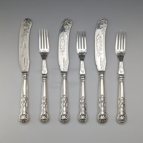 1836 British antique pure silver fish cutlery, 3 pairs, total weight 319g, Charles Needham