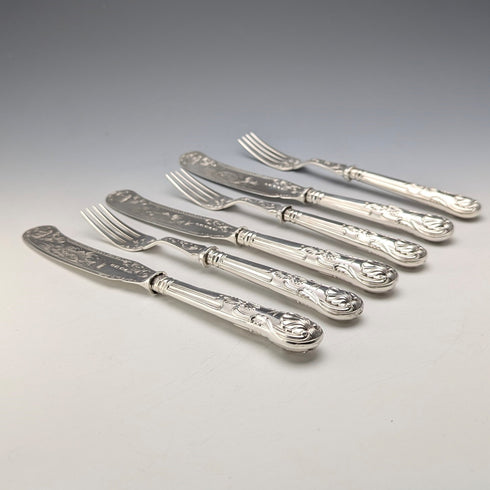 1836 British antique pure silver fish cutlery, 3 pairs, total weight 319g, Charles Needham