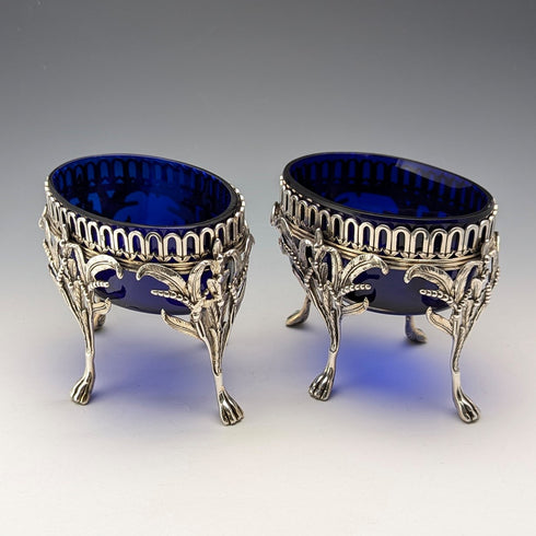 1880 British antique sterling silver footed dish pair with cobalt glass liner, Dobson & Sons