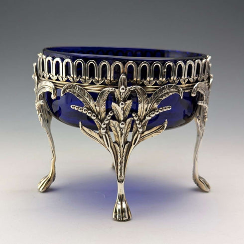 1880年 英国アンティーク 純銀製 脚付きディッシュペア コバルトガラスライナー Dobson&Sons