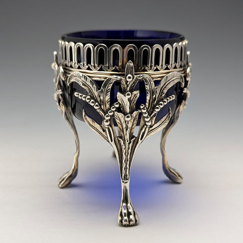 1880 British antique sterling silver footed dish pair with cobalt glass liner, Dobson & Sons