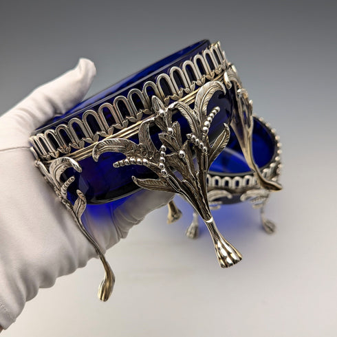 1880 British antique sterling silver footed dish pair with cobalt glass liner, Dobson & Sons