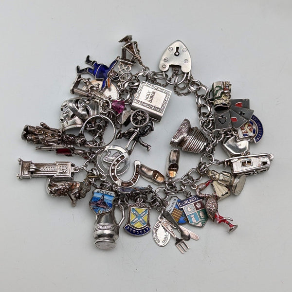 1970s British vintage sterling silver charm bracelet, 89g