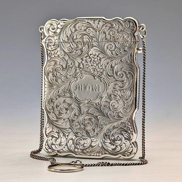 1847 British antique sterling silver card case with chain, 80g, Nathaniel Mills