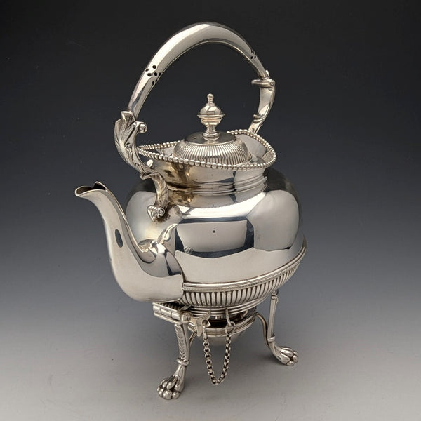 Circa 1875 British antique silver plate bachelor tea kettle set