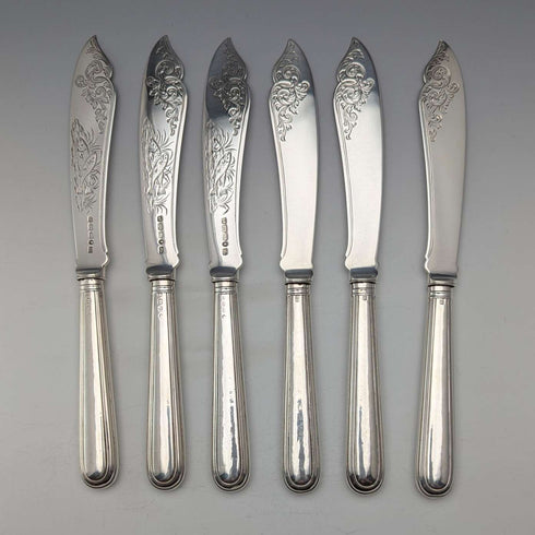 1870年頃 英国アンティーク 総純銀製 フィッシュカトラリー6ペアセット 計624g John Gilbert