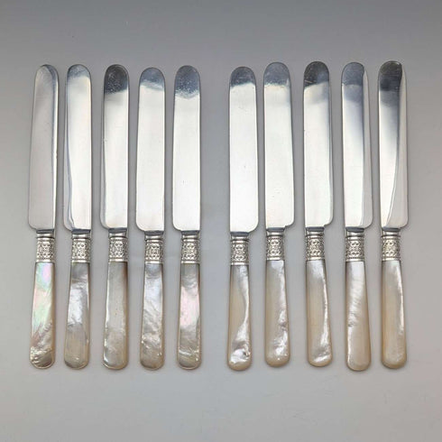 約 1881 年英國古董白色珍珠手柄甜點餐具 10 對套裝木盒裝
