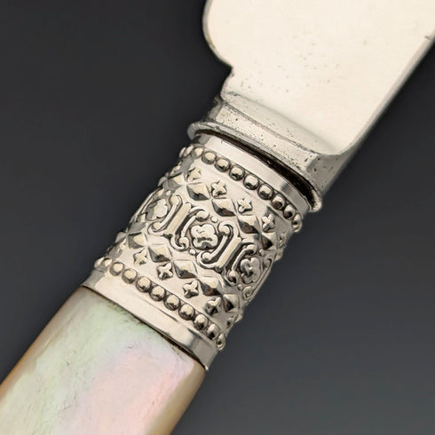 1881年頃 英国アンティーク 白蝶貝ハンドル デザートカトラリー10ペアセット 木箱入り