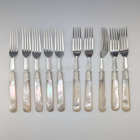 約 1881 年英國古董白色珍珠手柄甜點餐具 10 對套裝木盒裝