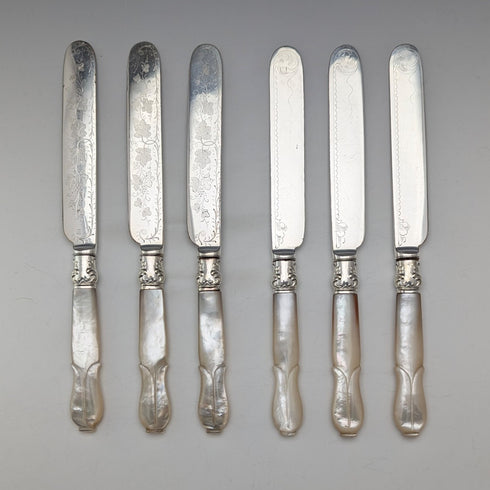 1890年頃 英国アンティーク 白蝶貝ハンドル デザートカトラリー5.5ペアセット 木箱入り