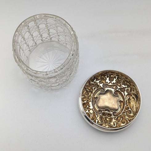 1902 British antique pure silver lid cut glass jar WJ Myatt & Co