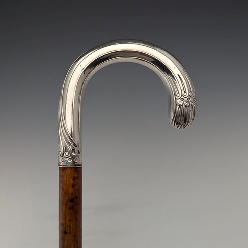 Circa 1900 Antique Men's 800 Silver Bent Handle Walking Stick 90cm