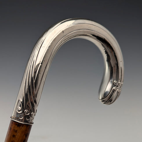 Circa 1900 Antique Men's 800 Silver Bent Handle Walking Stick 90cm