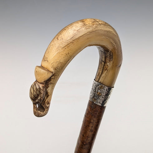 1899年 英国アンティーク 紳士用 純銀装飾 ホーンハンドル ステッキ 杖 101cm