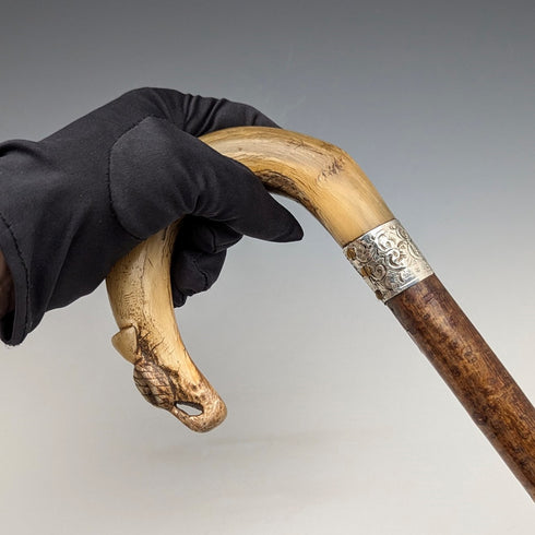 1899年 英国アンティーク 紳士用 純銀装飾 ホーンハンドル ステッキ 杖 101cm