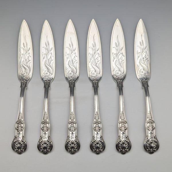 Antique British silver plate fish knife set of 6, Martin Hall