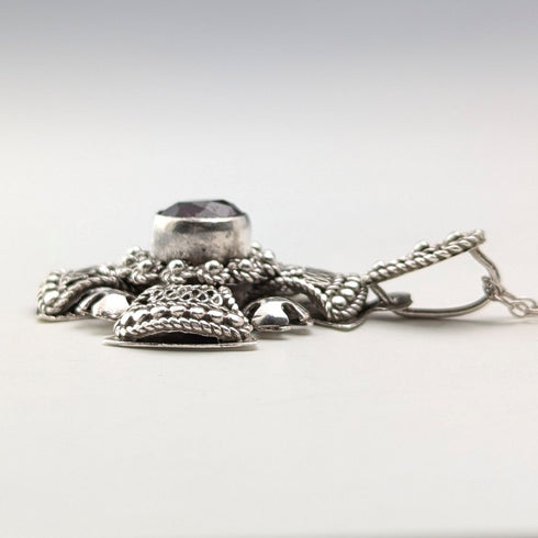 Vintage 900 Silver & Purple Stone Cross Pendant & Sterling Silver Necklace