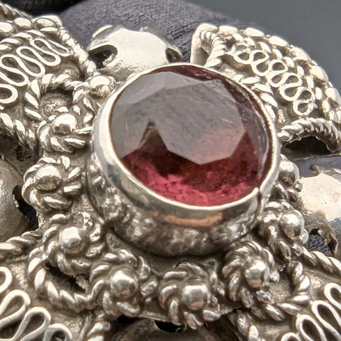 Vintage 900 Silver & Purple Stone Cross Pendant & Sterling Silver Necklace