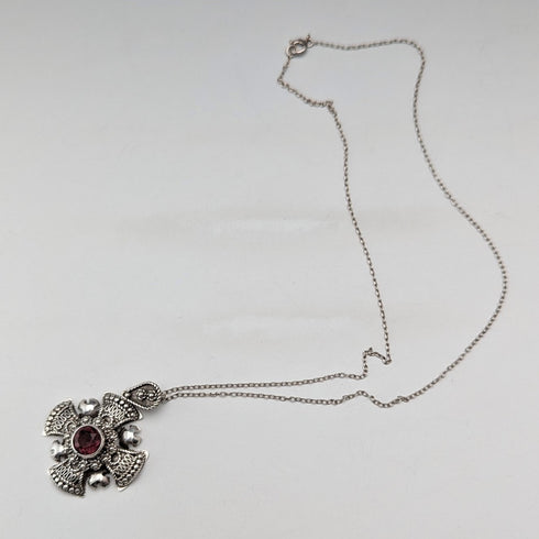 Vintage 900 Silver & Purple Stone Cross Pendant & Sterling Silver Necklace