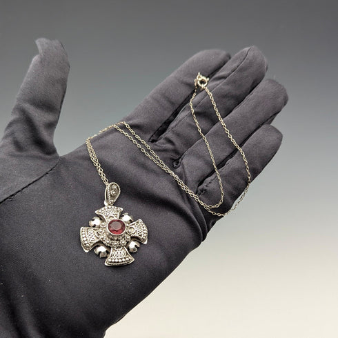 Vintage 900 Silver & Purple Stone Cross Pendant & Sterling Silver Necklace