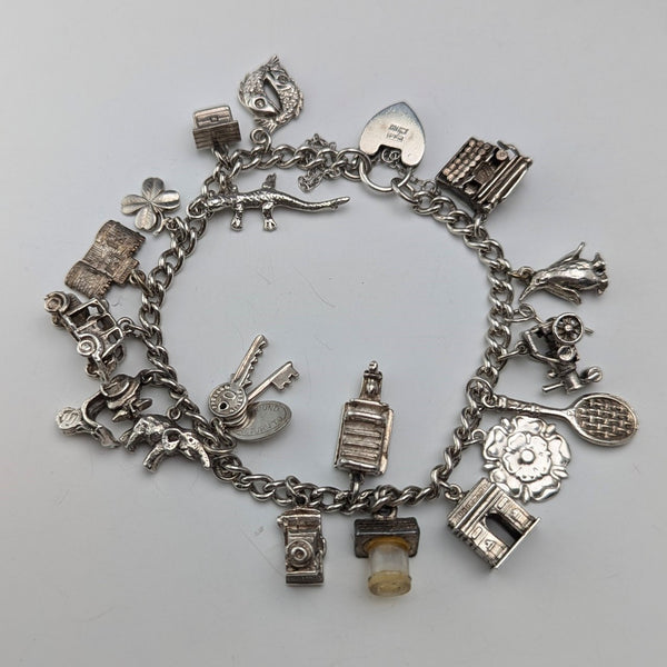 1957 British Vintage Sterling Silver Charm Bracelet 47g WJS