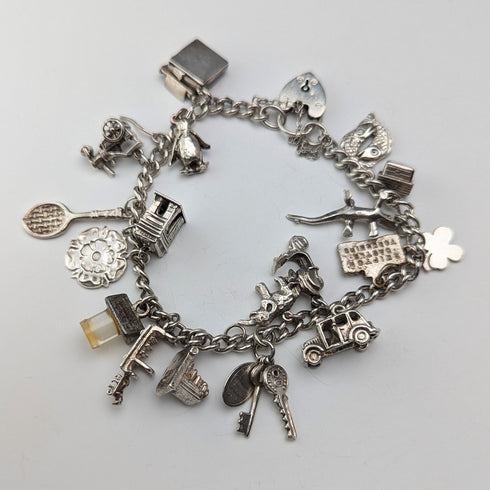 1957年 英国ヴィンテージ 純銀製 チャームブレスレット 47g W.J.S