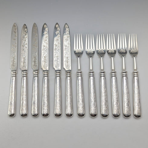 1894年 英国アンティーク 総純銀製 フルーツカトラリーセット 12ペア 計783g R F Mosley 木箱入り