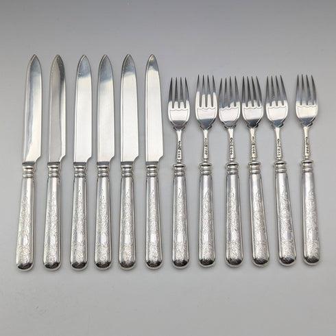 1894年 英国アンティーク 総純銀製 フルーツカトラリーセット 12ペア 計783g R F Mosley 木箱入り