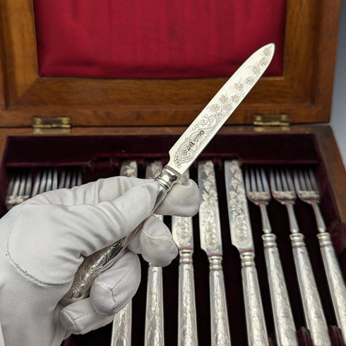 1894年 英国アンティーク 総純銀製 フルーツカトラリーセット 12ペア 計783g R F Mosley 木箱入り