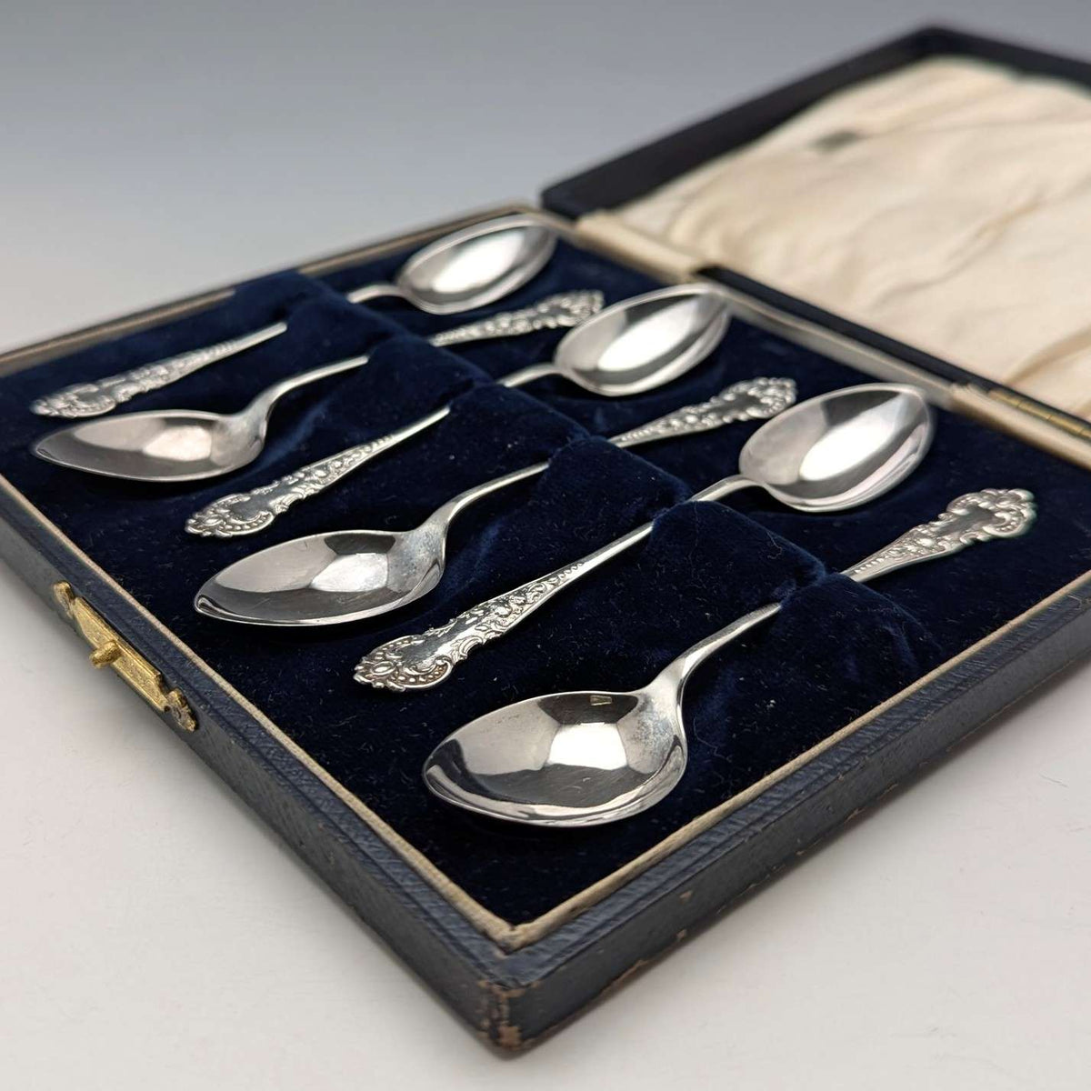 1914年 英国アンティーク 純銀製ティースプーン6本セット ケース入り