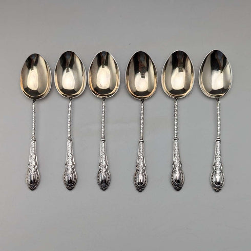 1908 British antique sterling silver tea spoon set of 6 in case by William Devenport