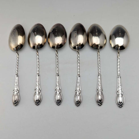 1908 British antique sterling silver tea spoon set of 6 in case by William Devenport