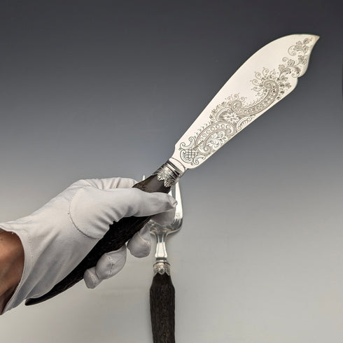 1902 年英國古董鹿角手柄魚餐具組純銀裝飾 William Yates