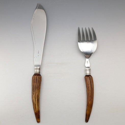 約 1900 年英國古董鹿角手柄魚餐具組 Elizabeth Jane Fairbairns