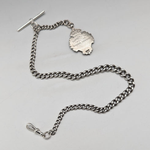 1900年頃 英国アンティーク 純銀製アルバートチェーン 42g エナメル装飾純銀メダルフォブ