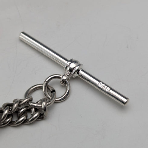 1900年頃 英国アンティーク 純銀製アルバートチェーン 42g エナメル装飾純銀メダルフォブ