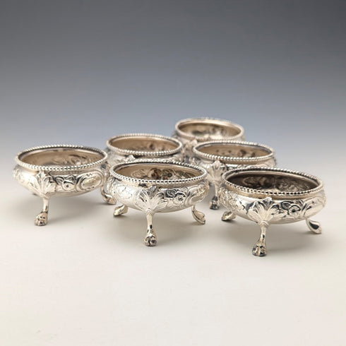 Set of 6 late 19th century British antique silver plate salt dishes