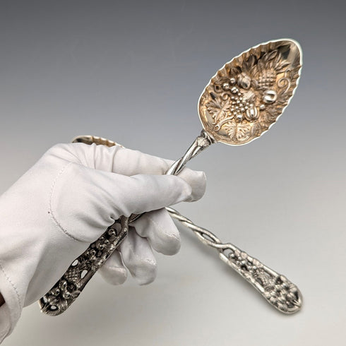 Pair of antique British silver plate berry spoons, circa 1875