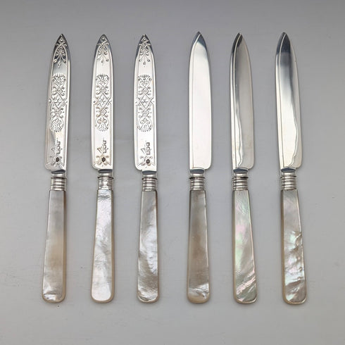 1906 年英國古董白色珍珠手柄純銀刀片 6 雙甜點餐具 William Hutton 木盒
