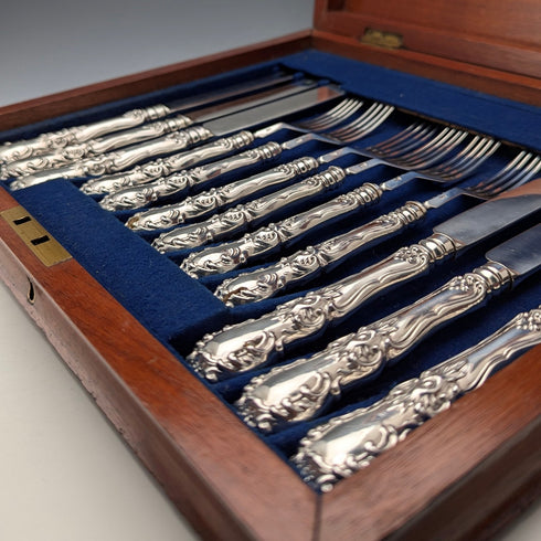 1853年 英国アンティーク 総純銀製 デザートカトラリー6ペア 計537g Francis Higgins II 木箱入り