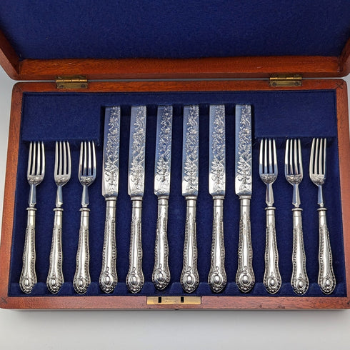 1902년 영국 앤틱 순은제 디저트 커틀러리 6세트 총 466g P Ashberry&Sons 우드 케이스 포함