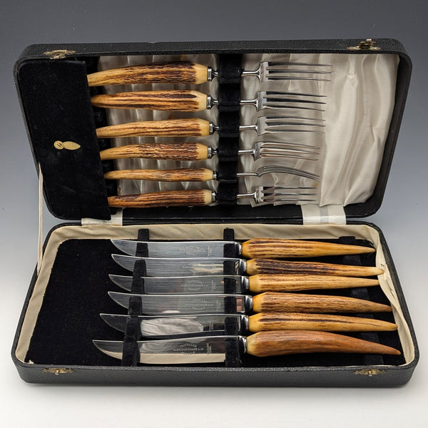Antique British Antler Handle Steak Cutlery Set of 6 Pairs Harrison Fisher & Co.