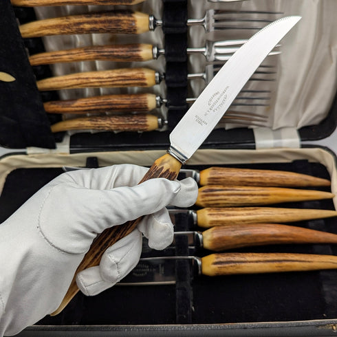 英国アンティーク アントラーハンドル ステーキカトラリー6ペアセット Harrison Fisher & Co