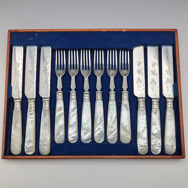 1890 British antique white mother-of-pearl handle dessert cutlery, 6 pairs, Mappin & Webb, with tray